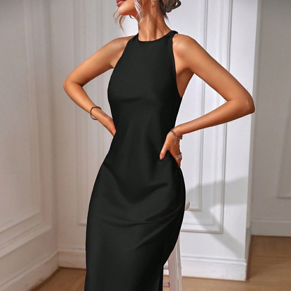 Black Preppy Womens Solid Split Thigh Dress - Picture 4 of 5